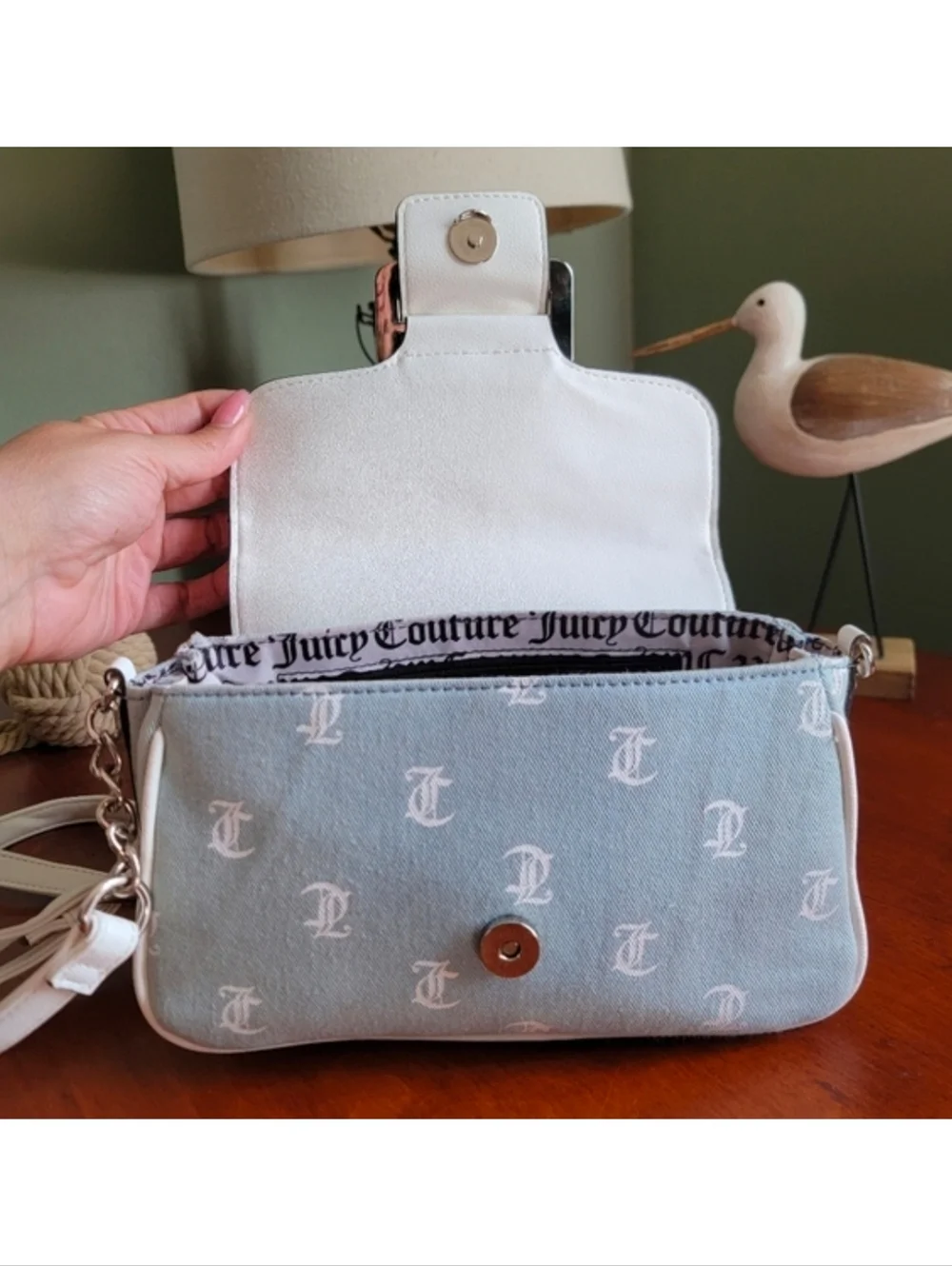 Juicy Couture Y2K Denim Monogram Blue White Crossbody Bag Vegan Leather